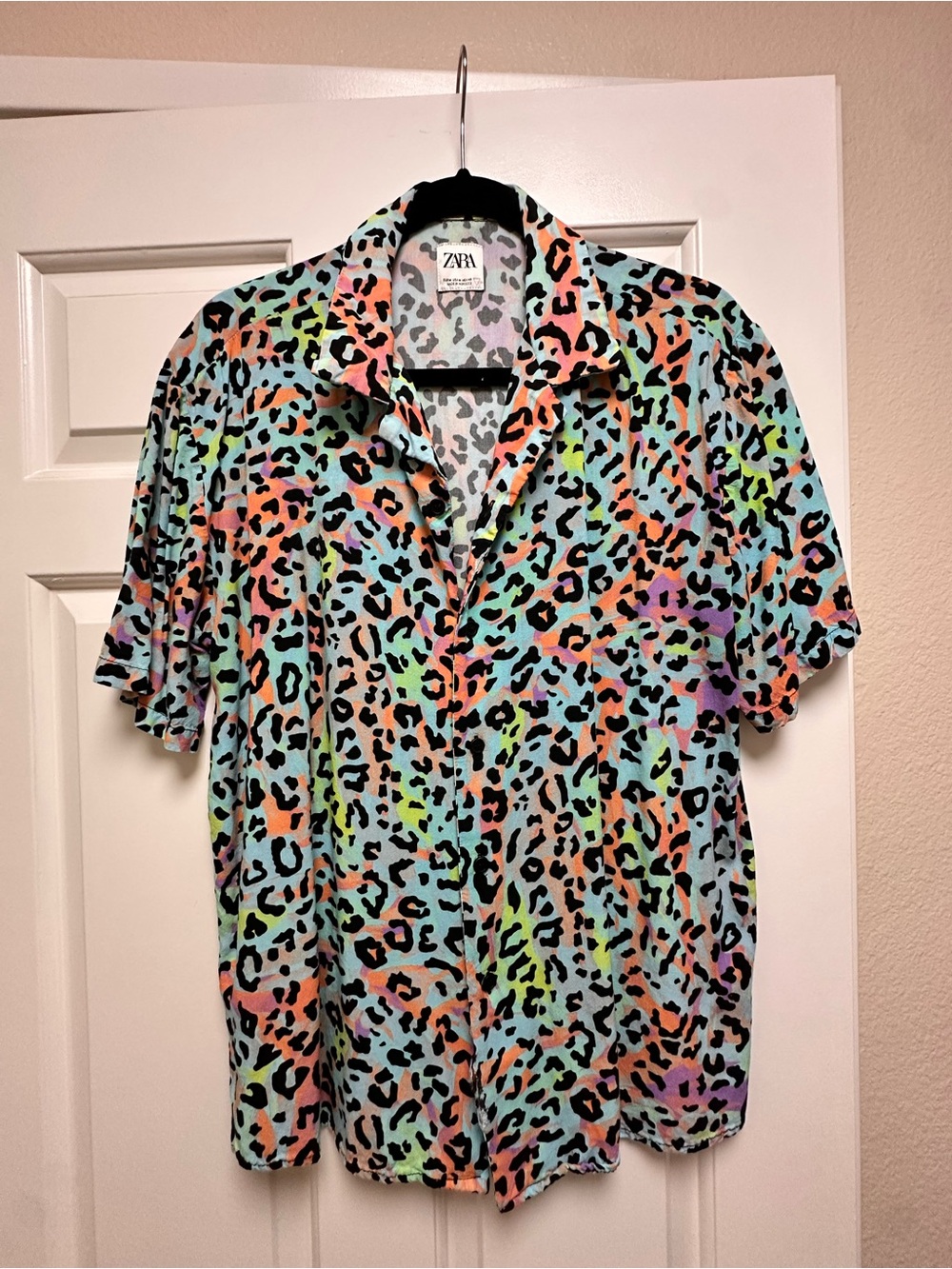 ZARA Multicolor Leopard Print Short Sleeve Button Down Shirt